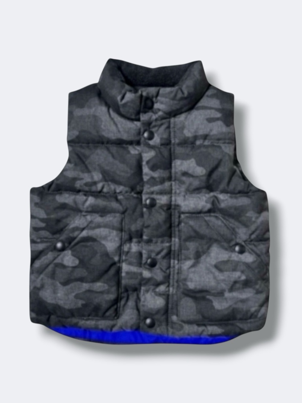 Baby Gap Puffer Vest Boys 18-24M Gray Camo Blue Lined Winter Layer Winter Cozy